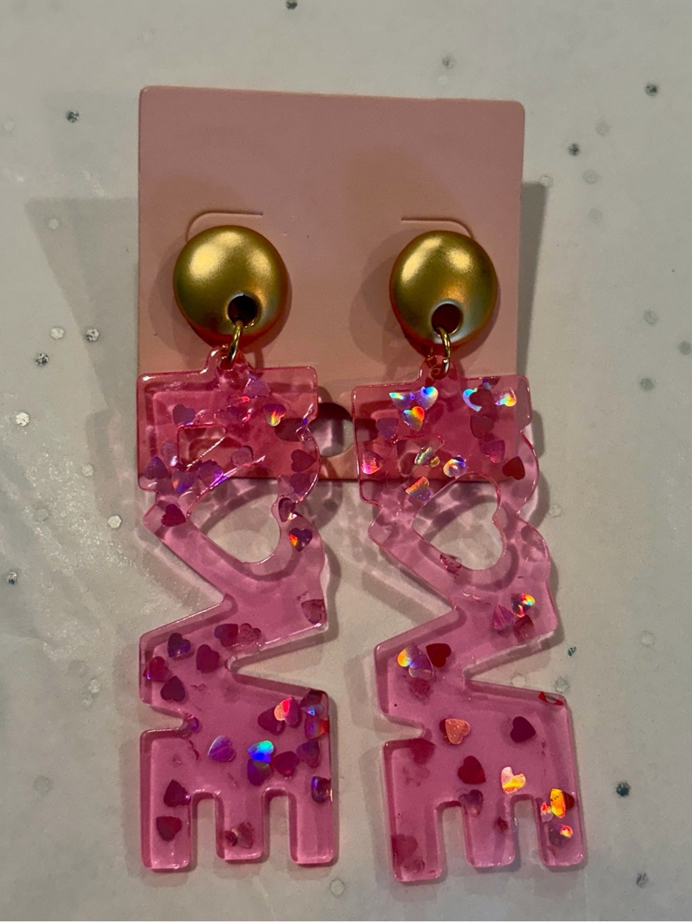 NWT Pink 'LOVE' Resin Drop Earrings with Gold Studs - - Picture 4 of 4